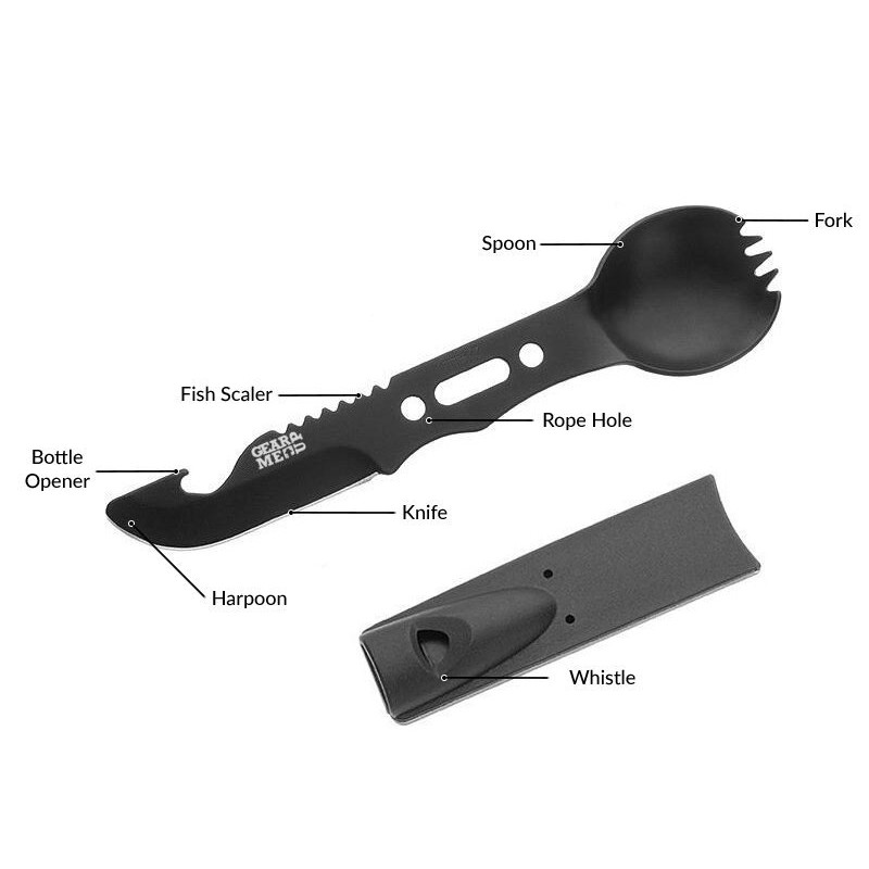 Unealta de supraviețuire 8 în 1 lingură, furculiță, cuțit, deschizător de sticle, harpon, detartrator de pește, fluier, gaură - imagine 6